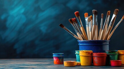 Obraz premium Art Supplies on Wooden Table with Dark Blue Background