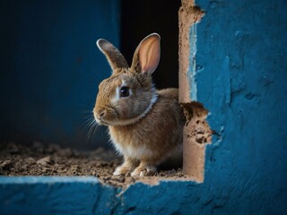 A cute bunny rabbit peeking out of a hole in a blue wall, featuring ample space for text.