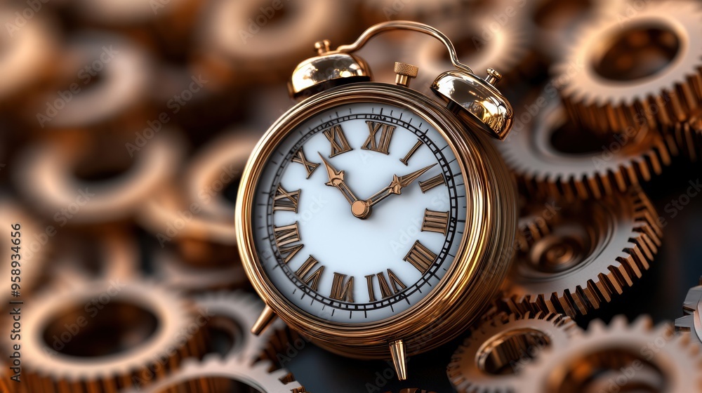 Poster a clock is surrounded by gears and other objects on a table, ai