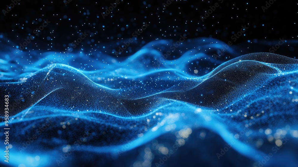 Poster dynamic blue particle lines forming horizontal waves and undulating across a black backdrop, ideal f
