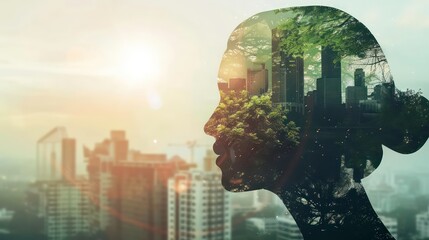 Silhouette of a woman's head with a cityscape and nature overlay.