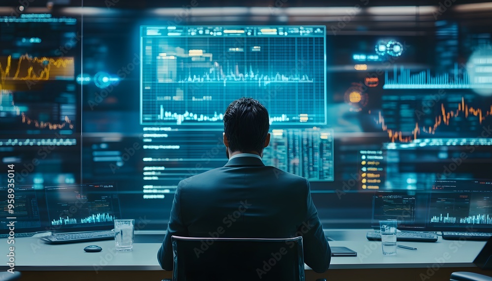 Poster a businessman focused on stock market data displayed on multiple monitors