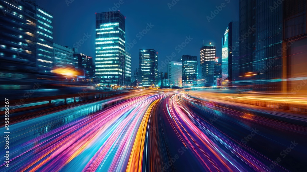 Poster dynamic city background with colorful motion light trails, capturing the essence of speed and modern