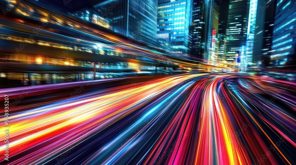 Poster dynamic city background with colorful motion light trails, capturing the essence of speed and modern