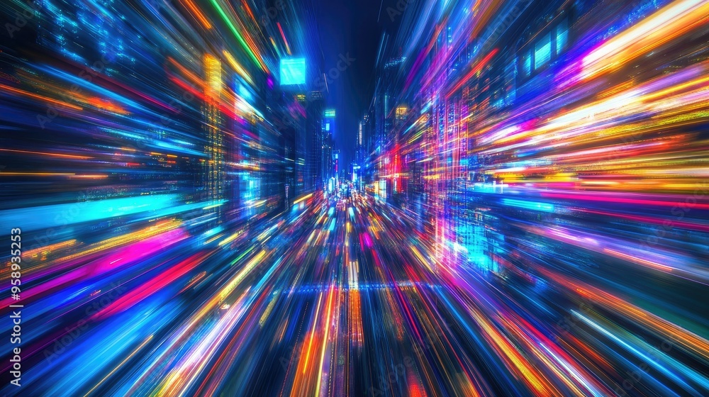 Poster dynamic city background with colorful motion light trails, capturing the essence of speed and modern