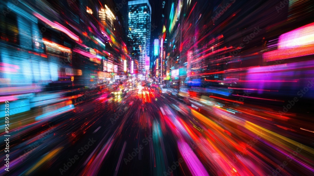 Poster dynamic city background with colorful motion light trails, capturing the essence of speed and modern