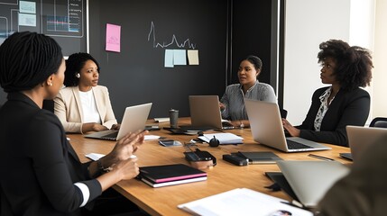 Four women in a meeting around a table.