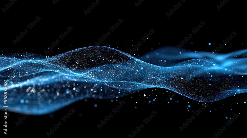 Poster dynamic horizontal blue particle lines undulating in a 3d space against a black backdrop, representi
