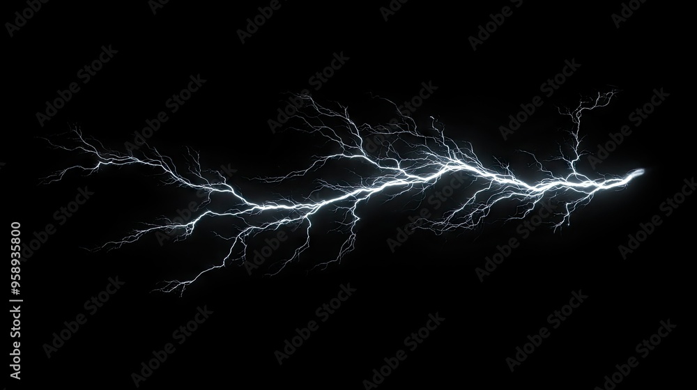 Poster dynamic lightning bolt with branching extensions, isolated on a black backdrop, highlighting the for
