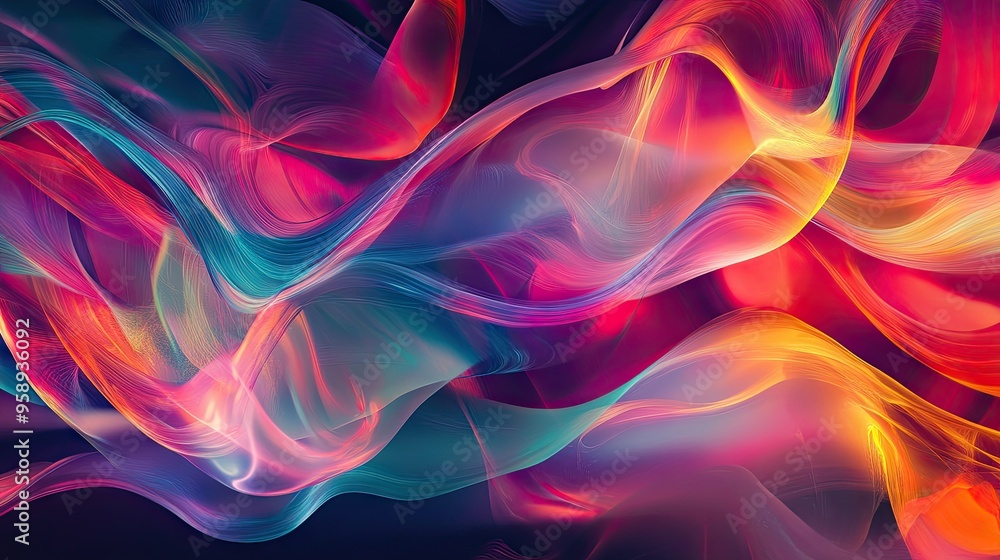 Poster dynamic resonance wave patterns in an abstract background, featuring vibrant colors and fluid shapes