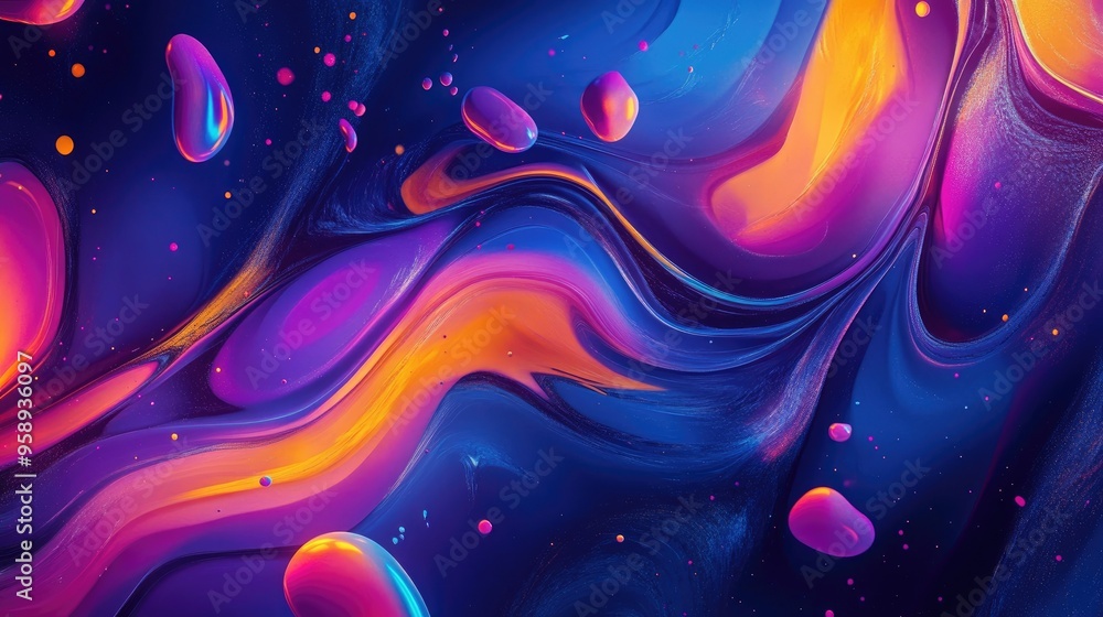 Poster dynamic resonance wave patterns in an abstract background, featuring vibrant colors and fluid shapes