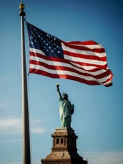 Naklejka premium A flag soaring high, embodying the values of liberty and justice.