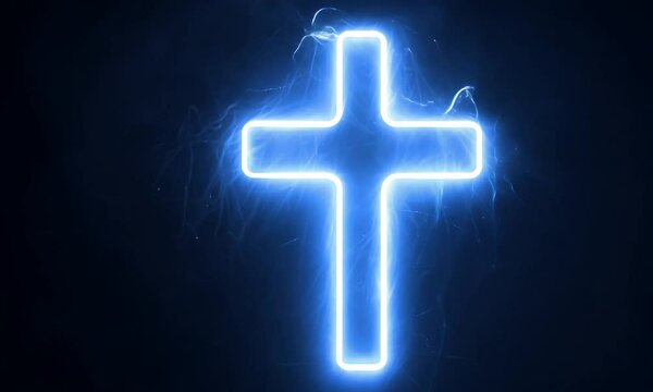 Glowing neon cross of Jesus in vibrant blue light on a dark background symbolizing faith and spirituality