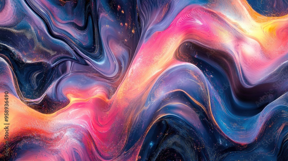Poster dynamic resonance wave patterns in an abstract background, featuring vibrant colors and fluid shapes