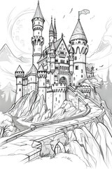 Naklejka premium Haunted castle with spooky trees and full moon, perfect Halloween coloring page