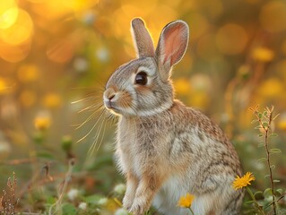Fototapeta premium A cute rabbit with brown fur and long whiskers sits in a field of yellow wildflowers with a golden glow behind it.
