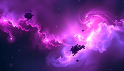 Fototapeta premium A dramatic, swirling purple and pink cosmic cloud formation with glowing stars and celestial bodies