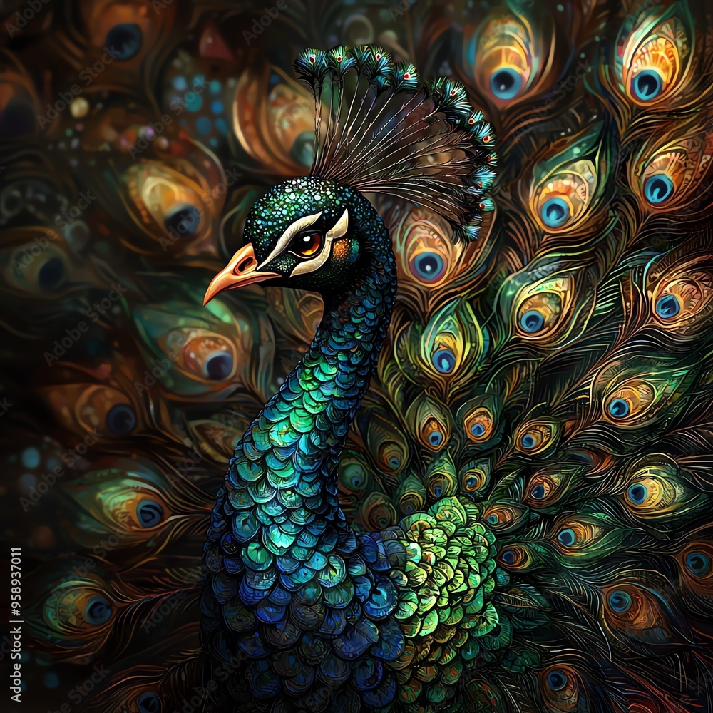 Poster a stunning peacock displaying its vibrant feathers, showcasing intricate patterns and rich colors in