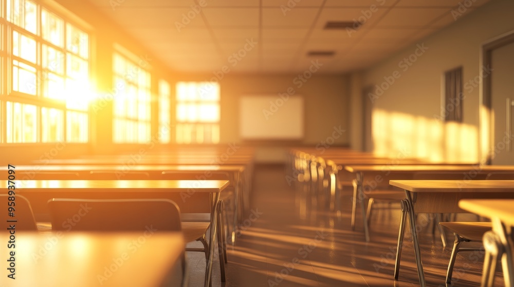 Poster a bright classroom with empty desks, illuminated by sunlight streaming through large windows.