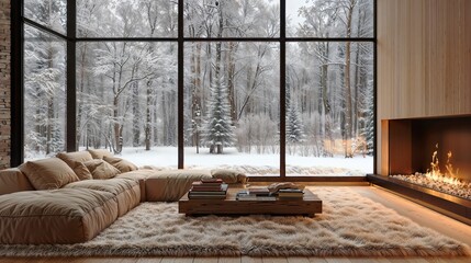 Cozy Living Room with Fireplace and Winter Forest View