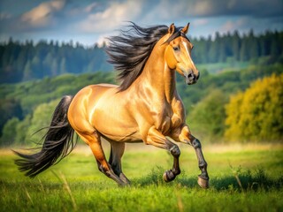 Obraz premium Magnificent buckskin horse with golden coat and black mane, galloping freely in a lush green meadow, with sunlight illuminating its powerful muscles.