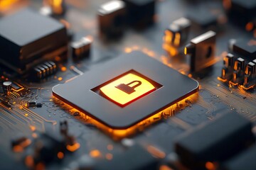 Close-up of a digital lock symbol on a circuit board, representing cybersecurity and technology innovation in modern electronics.