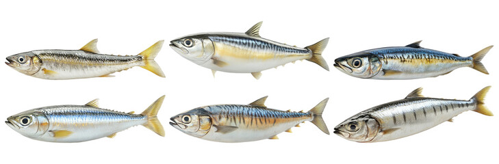 Obraz premium Fresh mackerel fish in different angles isolated on transparent background