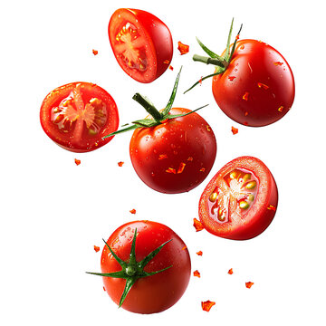 Falling tomato pieces PNG. Tomato slices falling from the top for organic vegetable campaign full of vitamins. Tomato slices flying png. Tomatoes piece falling isolated