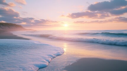 A calm beach scene with the sun low in the sky, gentle waves lapping the shore, and the sky filled with soft pastels.