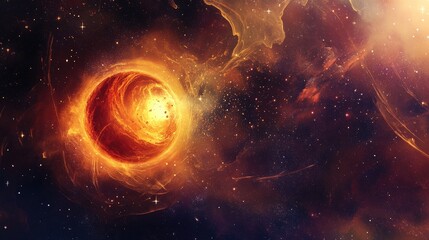 Fototapeta premium A vibrant cosmic scene depicting a fiery planet amidst a colorful nebula.