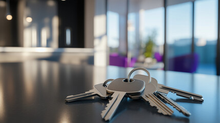 Close-up of house keys placed on a table in a stylish, modern luxury home with a blurred living room background.
