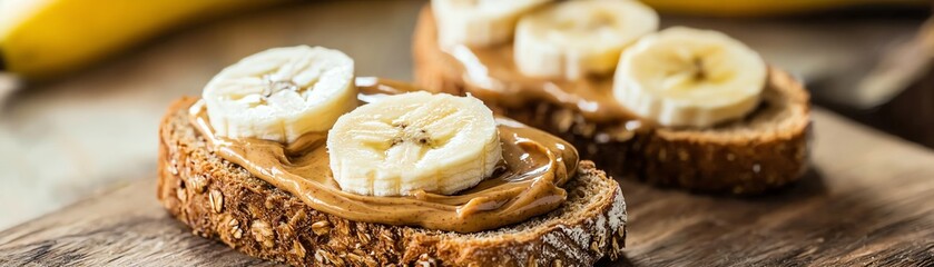 Delicious peanut butter toast topped with fresh banana slices, perfect for a nutritious snack or breakfast option.