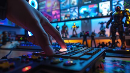 Close-up of a gamer's hand about to press a luminous play button on a gaming console in a room filled with collectible figures and dual monitors.