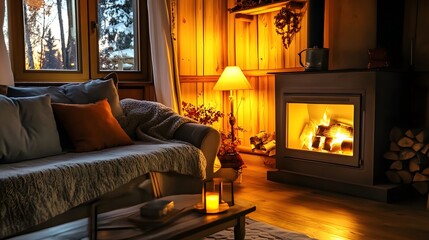 Fototapeta premium Cozy living room with a fireplace and warm lighting.