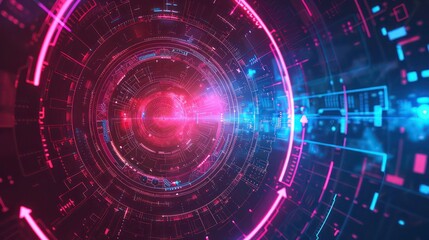 Obraz premium Abstract circular digital background with neon lights and glowing lines.