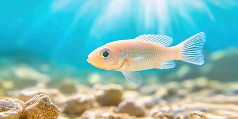 Fototapeta premium A real fish is seen swimming across the sunny, sandy bottom of crystal-clear water, showcasing animals in its own environment.
