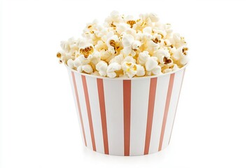 Delicious, fluffy popcorn in a striped container, perfect for movie nights and snack time.