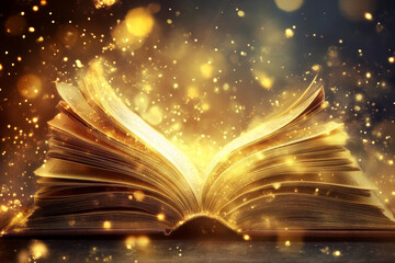 An enchanting open book emits glowing light and magical golden sparks, evoking the wonder and mystery of storytelling.
