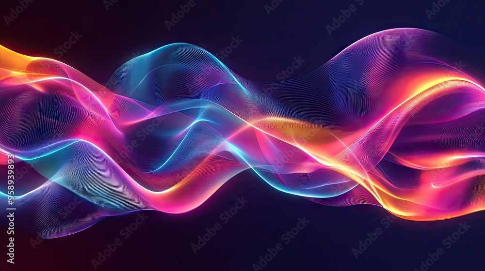 Poster elegant and colorful resonance wave design with fluid motion and smooth gradients, ideal for tech an