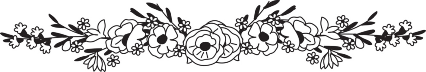Hand drawn flower line border illustration on transparent background.
