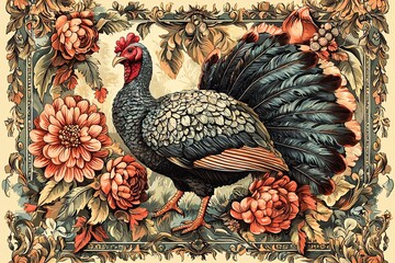 Vintage illustration of a turkey surrounded by decorative flowers, showcasing intricate details and vibrant colors.
