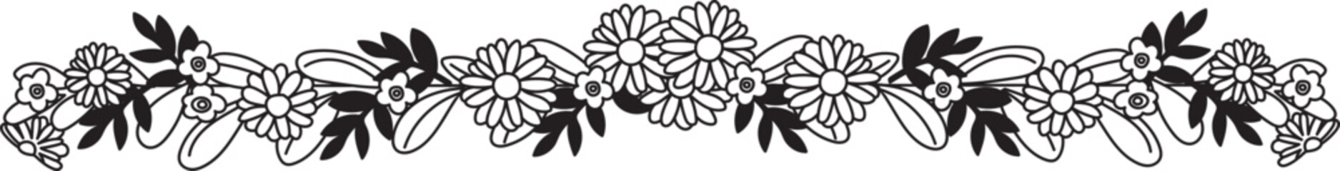 Hand drawn floral line border illustration on transparent background.
