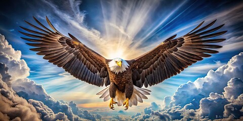 Majestic eagle spreads its powerful wings, feathers ruffled, talons extended, conveying freedom, strength, and soaring spirit against a serene blue sky with fluffy white clouds.