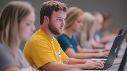 Obraz premium Coding Bootcamp Session: Instructor-led coding session with students working on laptops