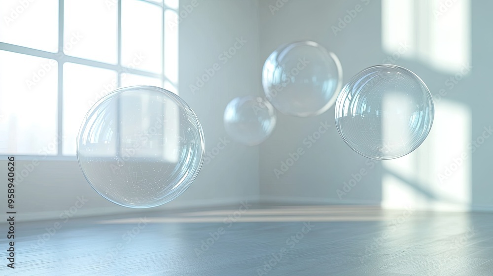 Poster elegant group of floating, glossy chat bubbles in a bright, minimalist room setting. ideal for illus