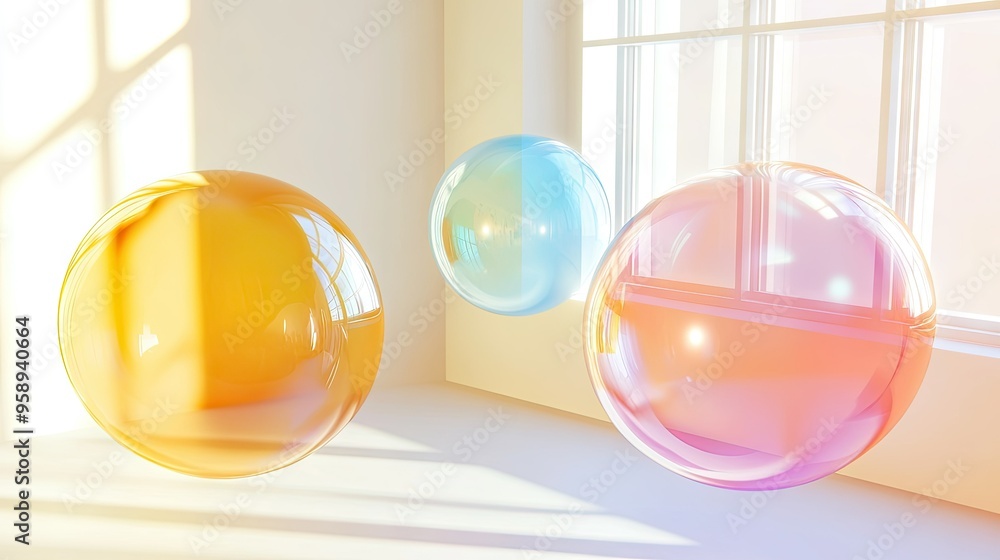 Poster elegant group of floating, glossy chat bubbles in a bright, minimalist room setting. ideal for illus