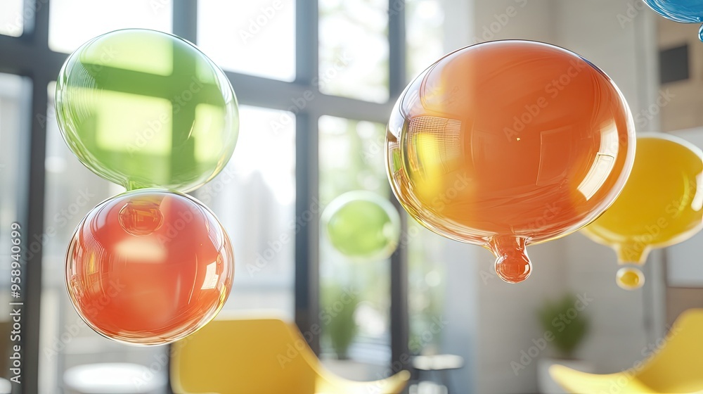 Poster elegant group of floating, glossy chat bubbles in a bright, minimalist room setting. ideal for illus