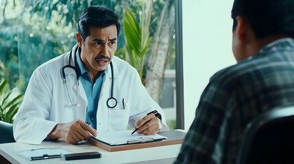 A doctor in a white coat speaks intently to a patient.