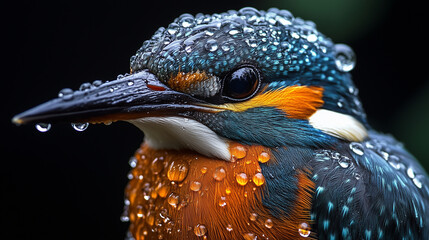 A close-up macro photograph of a kingfisher bird with blue, green, and orange feathers covered in water droplets.