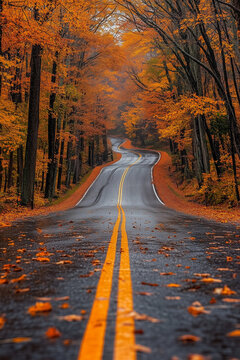  The Berkshires, Massachusetts - Autumn Splendor Illustrate a scenic drive through The Berkshires in fall, showing a road lined with colorful foliage and quaint New England char